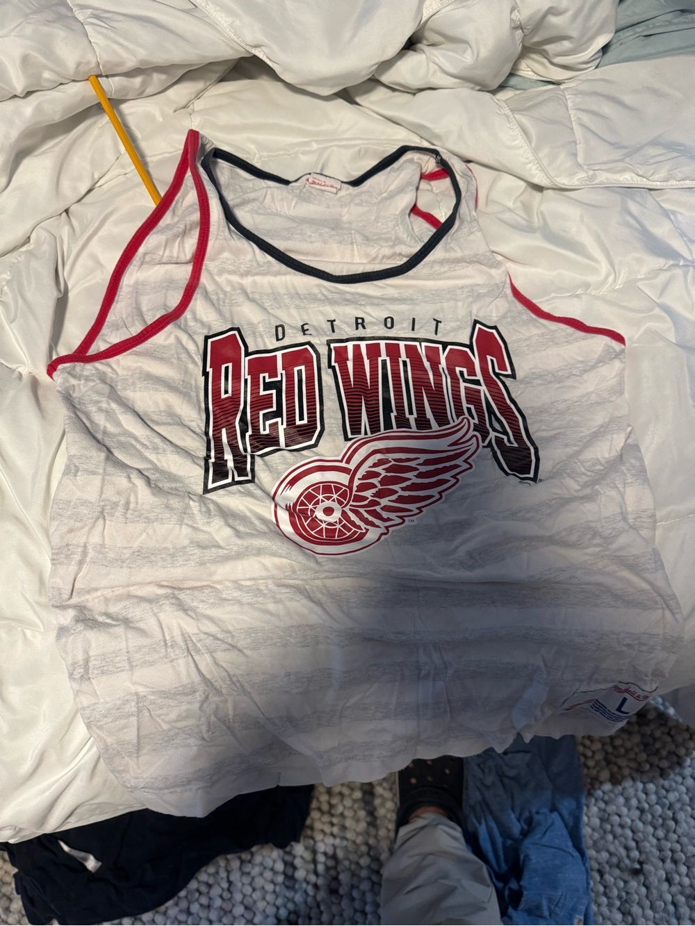 Mitchell & Ness White Tank Top with Red & Black Detroit Red Wings Graphic